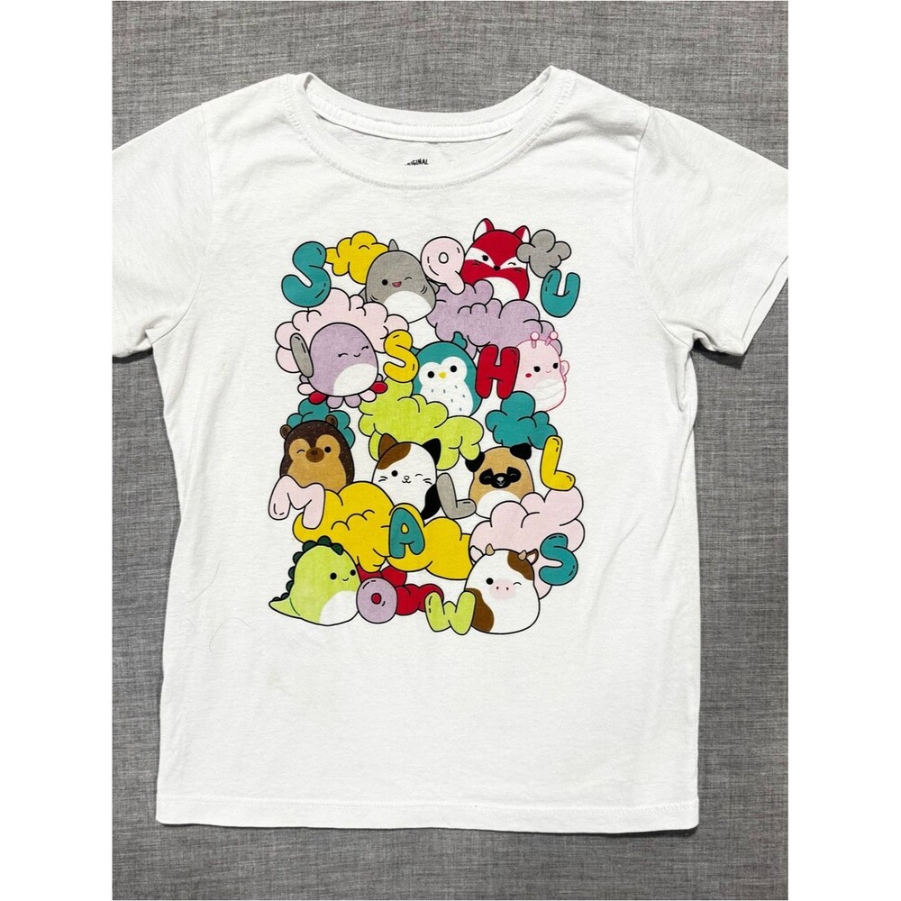 Kids Squishmallows White Graphic Tee | Multicolor Character Accents | Size M 7/8
